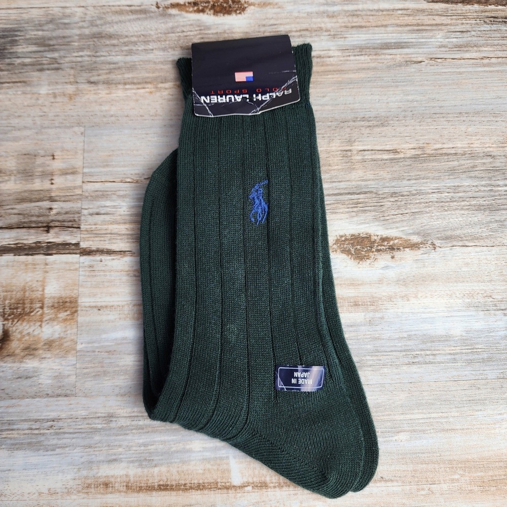 Ralph Lauren Polo Sport Ribbed Crew Socks Green Blue Pony Made in Japan NWT 9-11